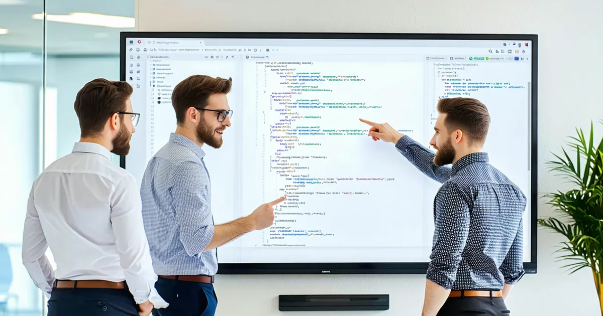 Small diverse engineering team in a candid collaborative meeting, code review discussion